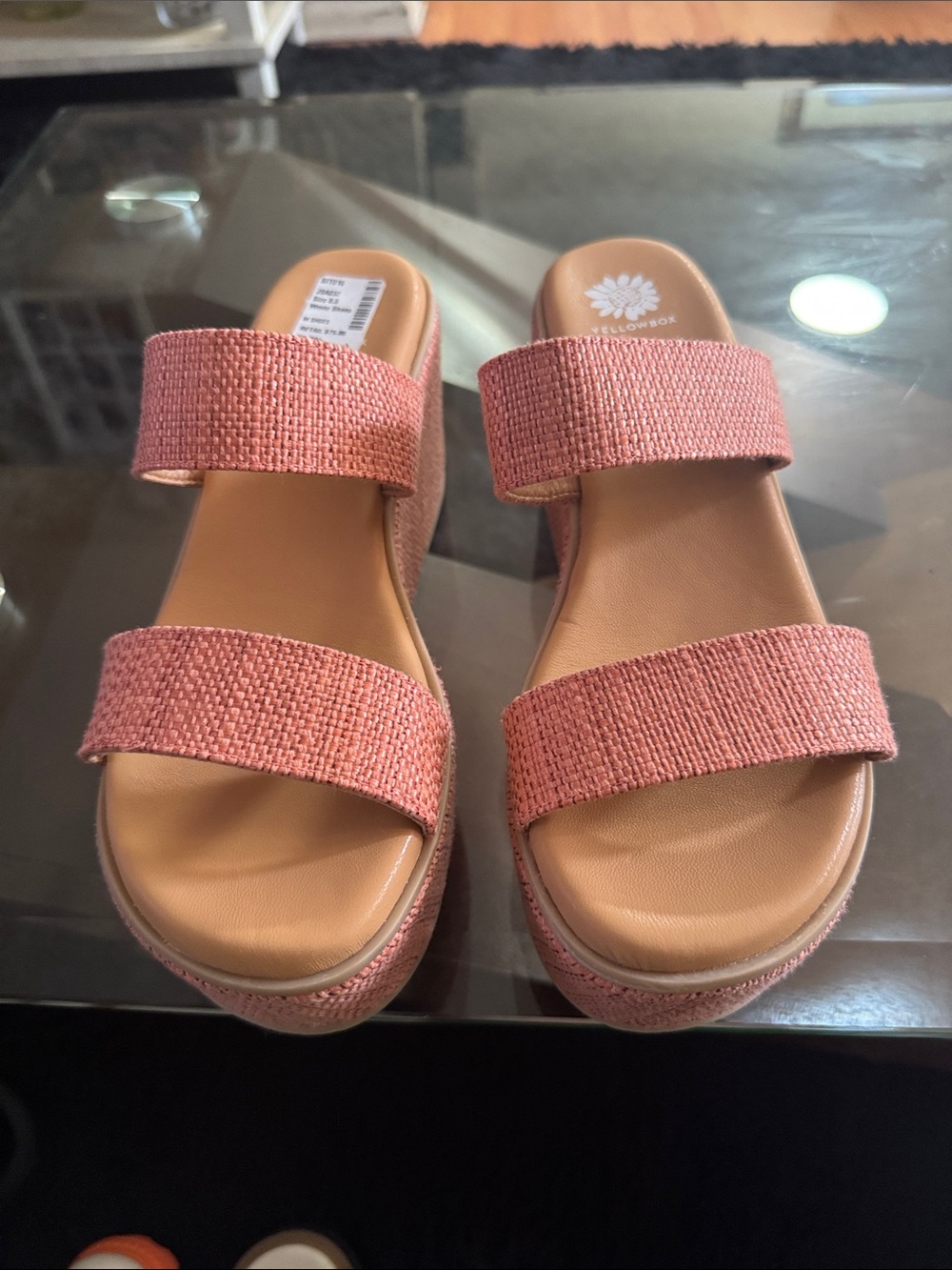 Yellow Box Coral Pink Woven Double-Strap Platform Slides - Picture 2 of 8
